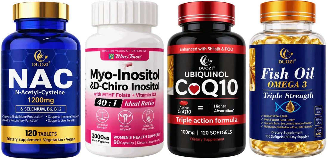 FP Fertility Combo: four bottles of inositol, omega-3, ubiquinol CoQ10 and NAC, side by side.